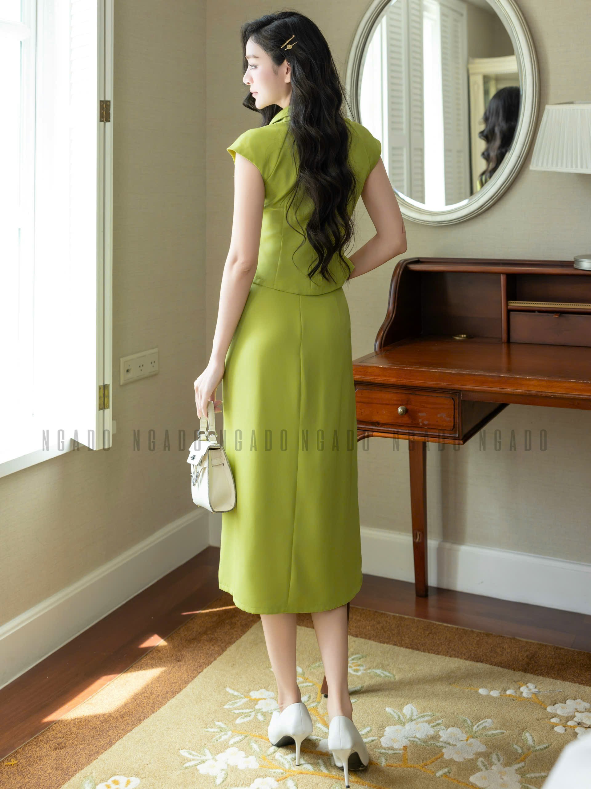 Set áo váy xanh bơ tay con NGADO , set áo váy dài , set kiểu Nữ