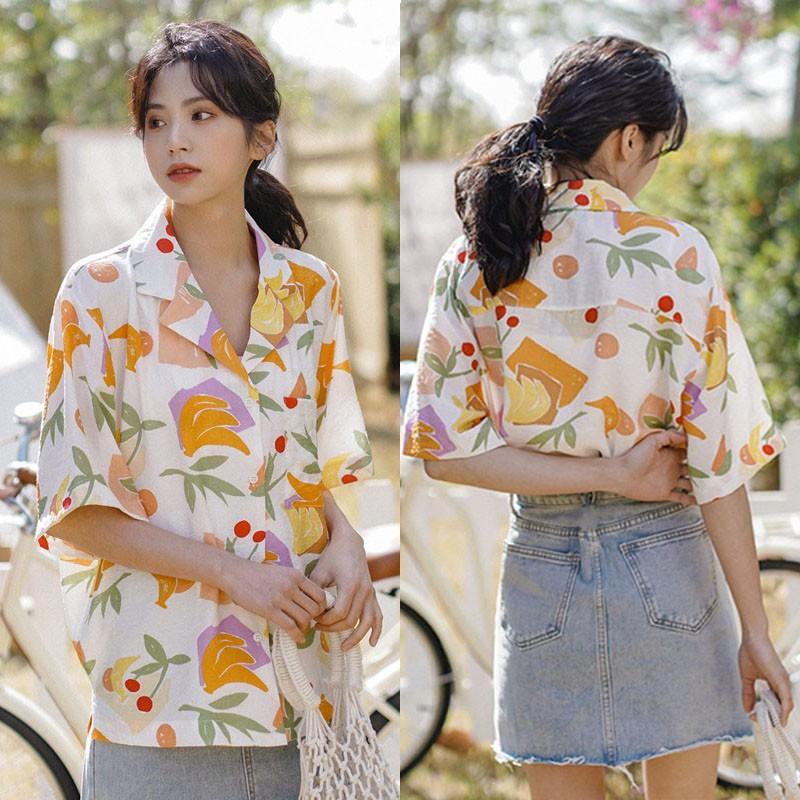 Áo Sơ Mi Chiffon Tay Ngắn In Họa Tiết Kiểu Hàn Quốc Thời Trang Mùa Hè Cho Nữ