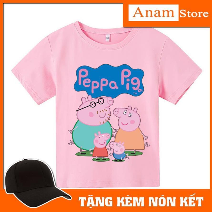 Áo thun trẻ em nhiều màu Heo Peppa Pig, Tặng kèm nón kết, có size người lớn, Anam Store