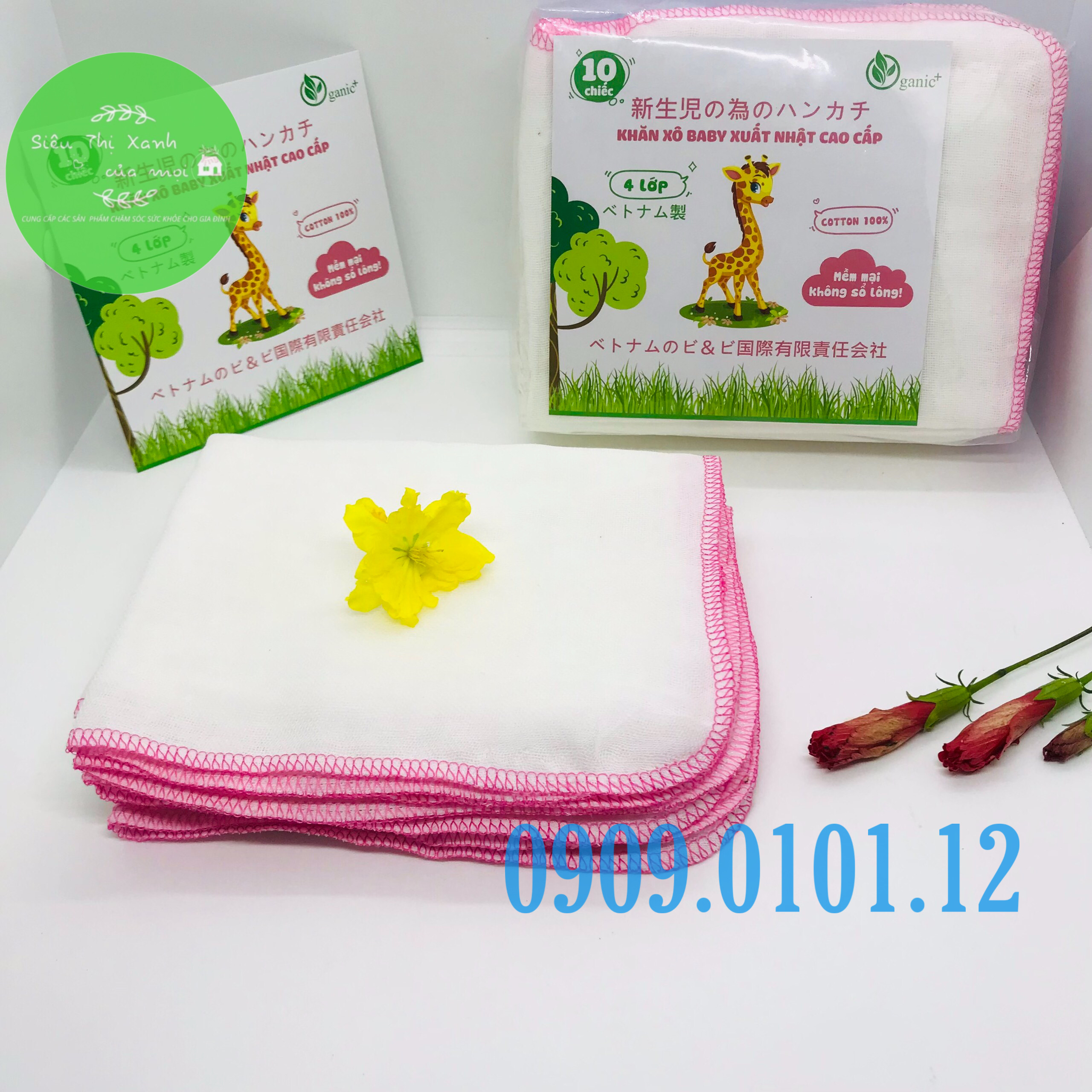 Khăn sữa baby, khăn xô đa năng cao cấp 100% cotton tự nhiên dày 4 lớp mềm mịn không xù lông set 10 cái