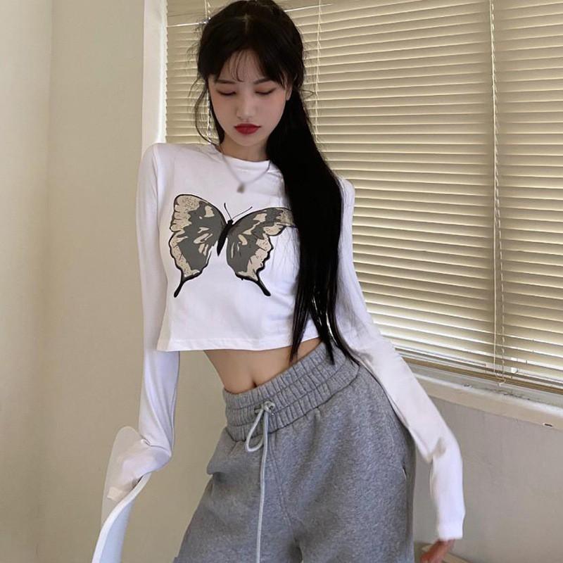 NEW BUTTERFLY Áo Thun Nữ Tay Dài Dáng Ôm In Hình Bướm Thời Trang