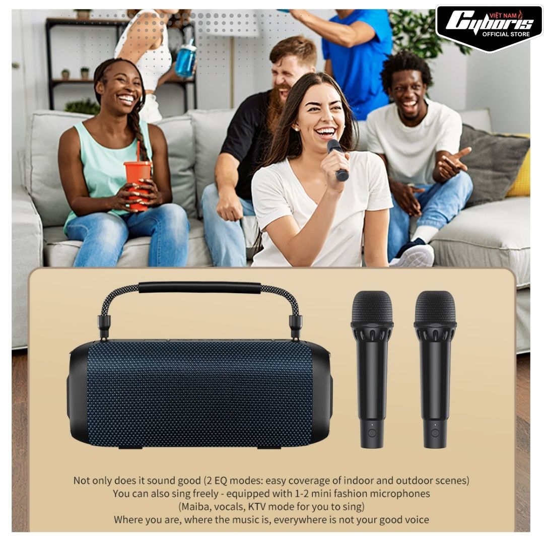 Loa Bluetooth Cyboris T12, Loa siêu Bass, Công suất 80W, Chống nước IPX7, Pin 10400mAh. Hàng Chính Hãng.