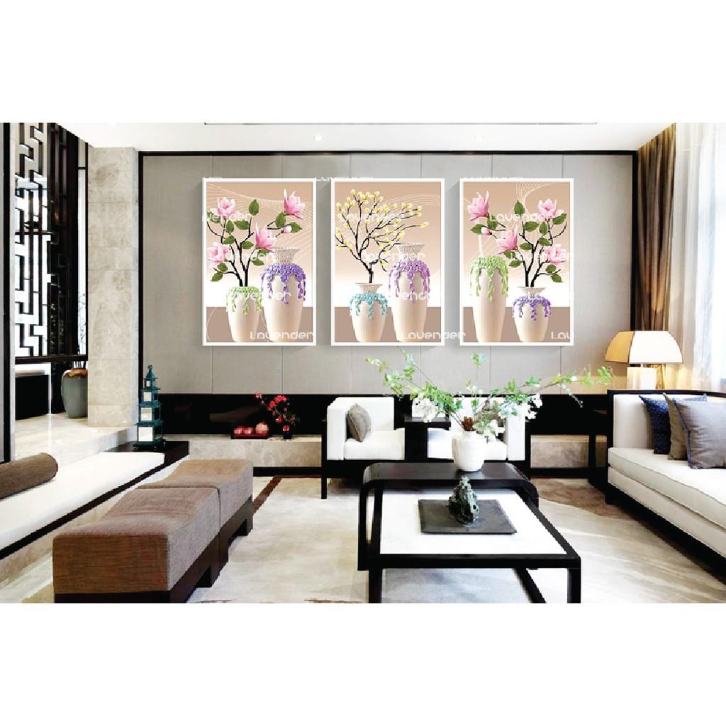Tranh thêu bộ 3 bình hoa ngọc lan hồng LV3209 - kích thước: 123 * 59cm.