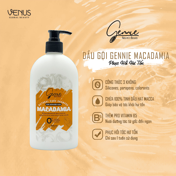 Dầu Gội Gennie Natural Care dầu hạt Macca Dành Cho Tóc Hư Tổn 400ml Chính Hãng