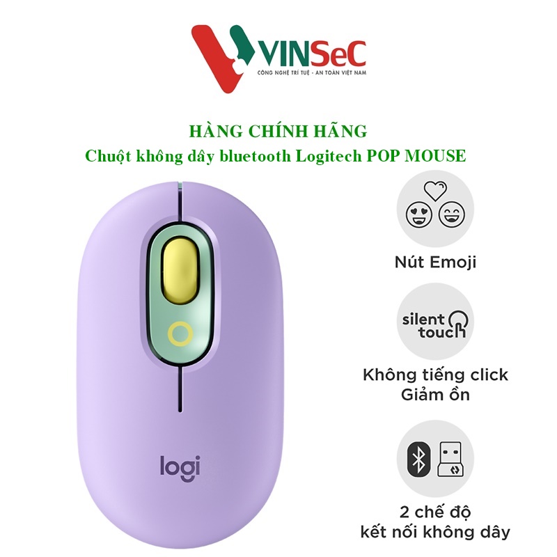 Chuột không dây Logitech Pop Mouse màu tím-Hàng chính hãng