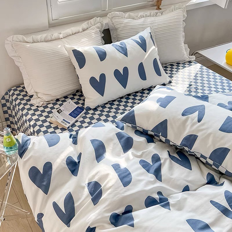 Bộ chăn chần ga gối cotton LIDACO SP001462 - Tim khuyết xanh