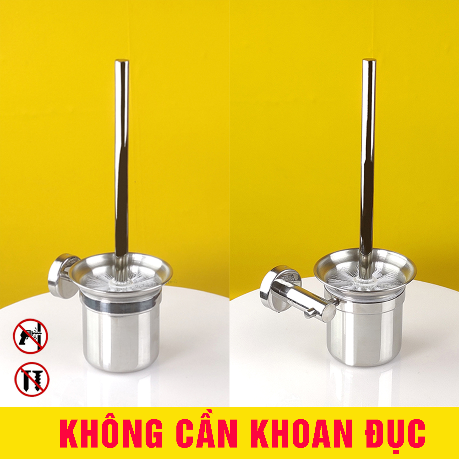 Bộ cốc chổi cọ bồn cầu, toilet nhà vệ sinh, sàn nhà treo tường, có giá đỡ bằng Inox 304 kháng khuẩn, không cần khoan, DAN HOUSE 3.11.11