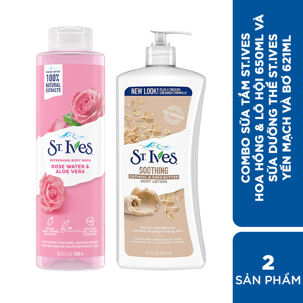 Combo Sữa tắm St.ives Hoa Hồng và Lô Hội 650ml &amp; Sữa dưỡng thể St.Ives Yến mạch và bơ 621ml