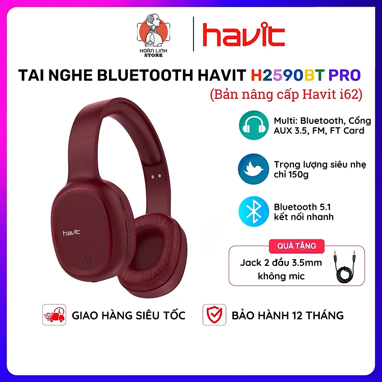 Tai Nghe Chụp Tai Không Dây HAVIT H2590BT Pro Bluetooth 5.1 (Bản nâng cấp của Havit i62) Siêu nhẹ 150g, Driver 40mm, Gập Gọn 90 - Hàng chính hãng