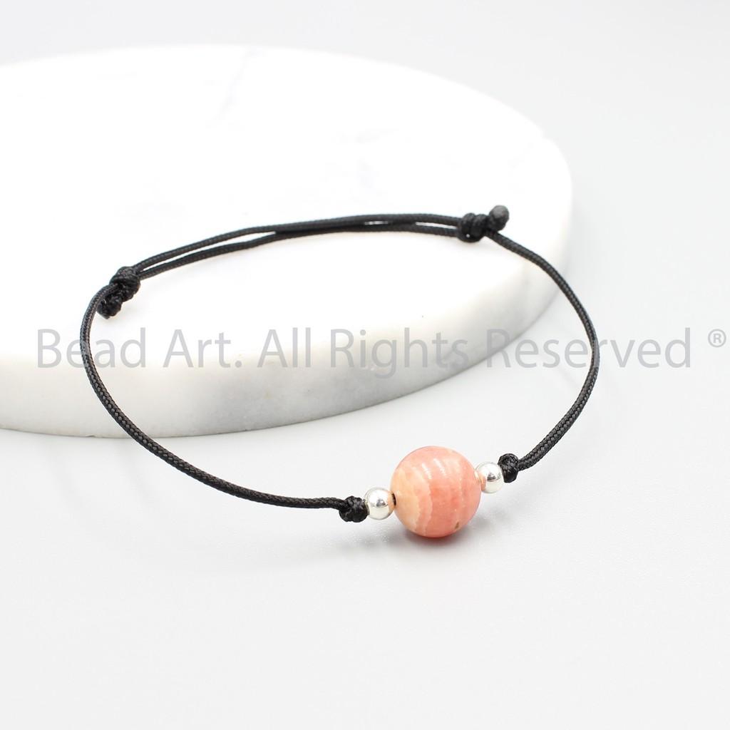 Vòng Tay Thắt Dây Đá Đào Hoa Màu Hồng, Rhodochrosite Tự Nhiên 8MM Loại A Và Charm Bạc 925, Vòng Tay Phong Thuỷ, Chuỗi Hạt, Mệnh Hoả, Thổ - Bead Art