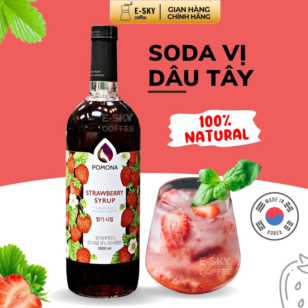 Siro Dâu Tây POMONA Strawberry Syrup Nguyên Liệu Pha Chế Hàn Quốc Chai Thủy Tinh 1 lít
