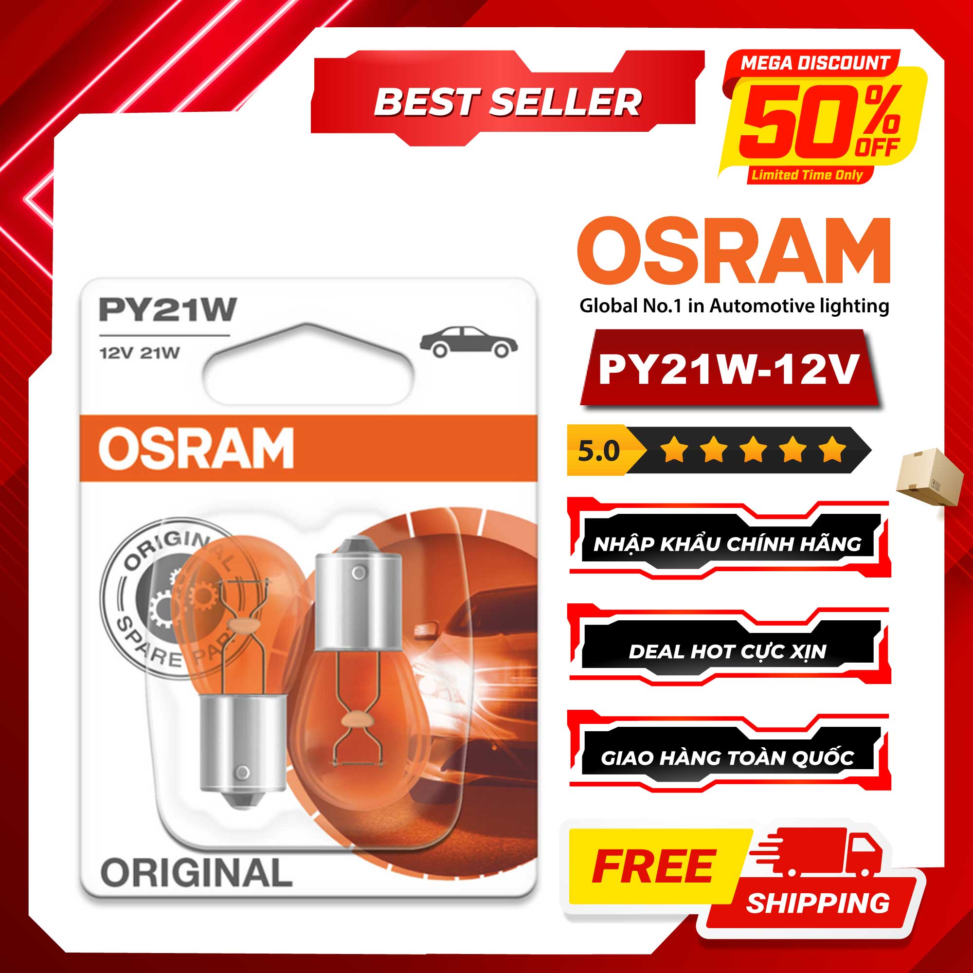 Combo 2 Bóng Đèn Sau 1 Tim OSRAM Original PY21W 7507-02B 12V 21W (Chân Xéo)