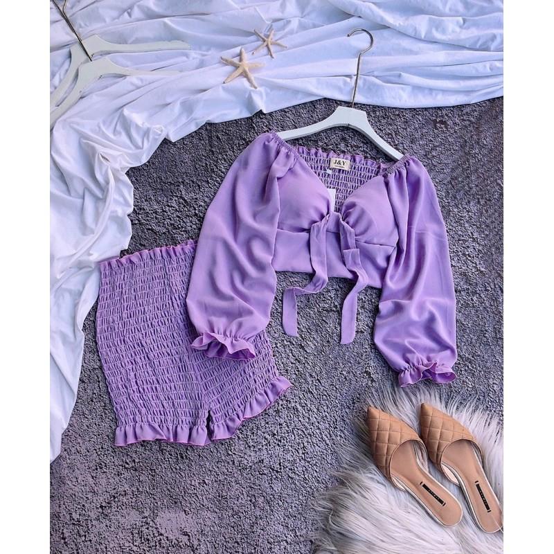 Set áo croptop cột nơ ngực có mút phối quần lưng cao bo nhún siêu xinh chất kate lụa