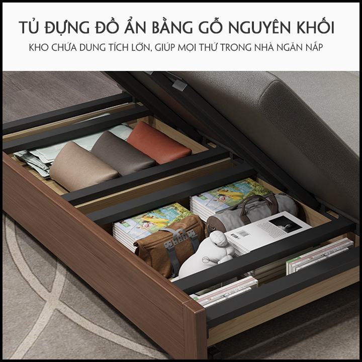 Giường Sofa Gấp Gọn Kiêm Ghế Sofa. Giường Ngủ Sofa Cao Cấp Có Hộc Chứa Đồ. Toàn Bộ Khung Thép Chịu Lực Sơn Tĩnh Điện. Tay Ốp Gỗ Sồi Bọc Đồng. Thiết Kế Thẩm Mĩ, Hiện Đại