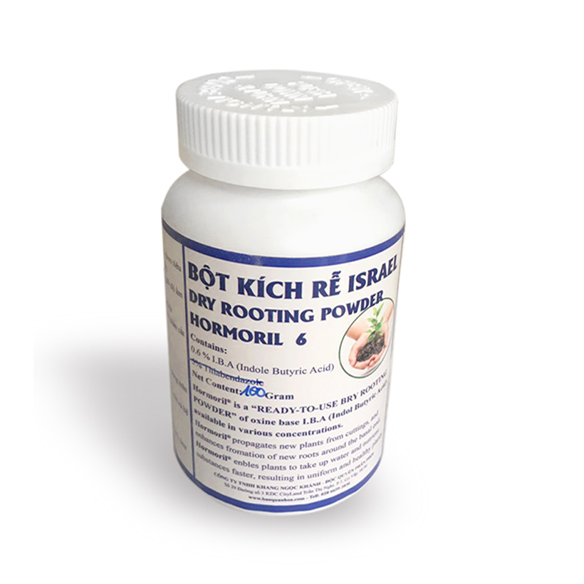 Bột kích rễ Israel cây hoa hồng và cây thân gỗ khác. Hủ 100gr Hormoril 6 giúp kích thích cây ra rễ nhanh, khỏe và sát khuẩn vết cắt để đạt tỷ lệ thành công cao trên cây con và cây giâm chiết cành