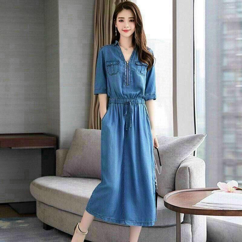 Đầm Jean Xoè Phối Dây Kéo