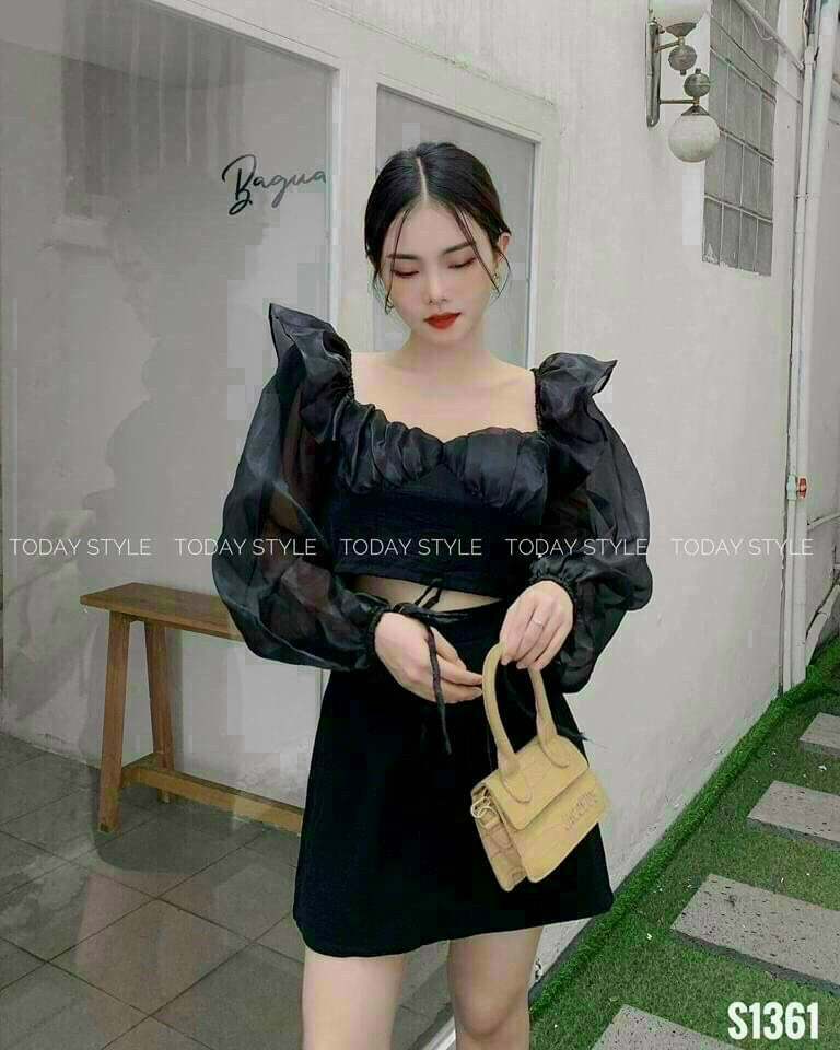 SÉT ÁO ĐŨI NHĂN TAY PHỐI VOAN TƠ   & CHÂN VÁY ĐŨI CÓ LÓT 2 MÀU Y HÌNH