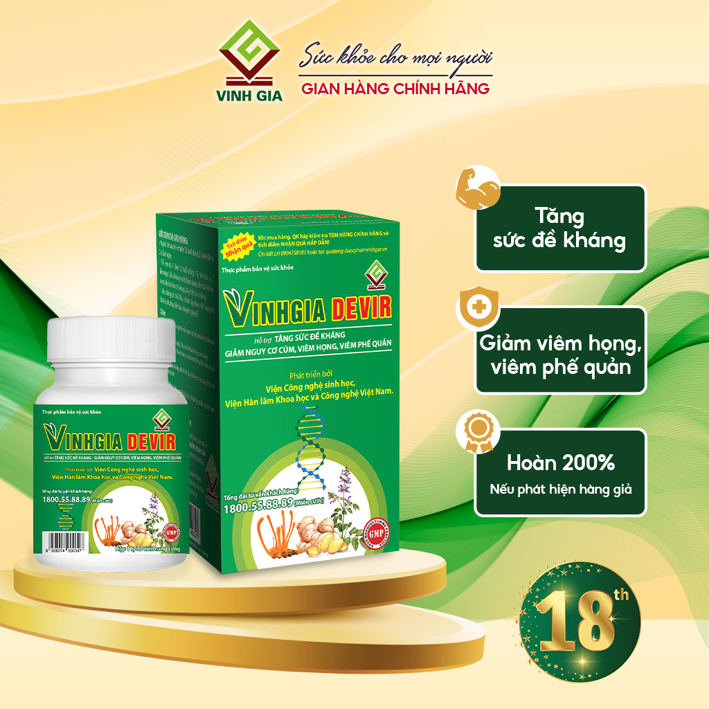 Viên Uống Hỗ Trợ Tăng Đề Kháng VINHGIA DEVIR Giúp Giảm Biểu Hiện Ho Đờm, Sốt Tăng Cường Sức Khoẻ Hộp 30