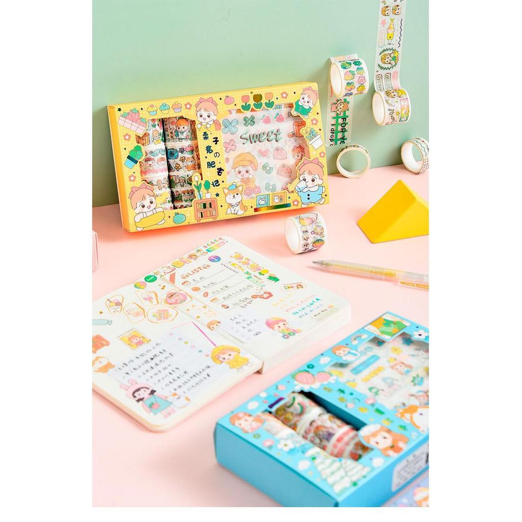 Set Hộp Washi Tape Cô Bé Đáng Yêu Băng Keo Hình Dán Cute Sticker Anime Trang Trí Sổ Combo 10 Cuộn 10 Stickers Cute