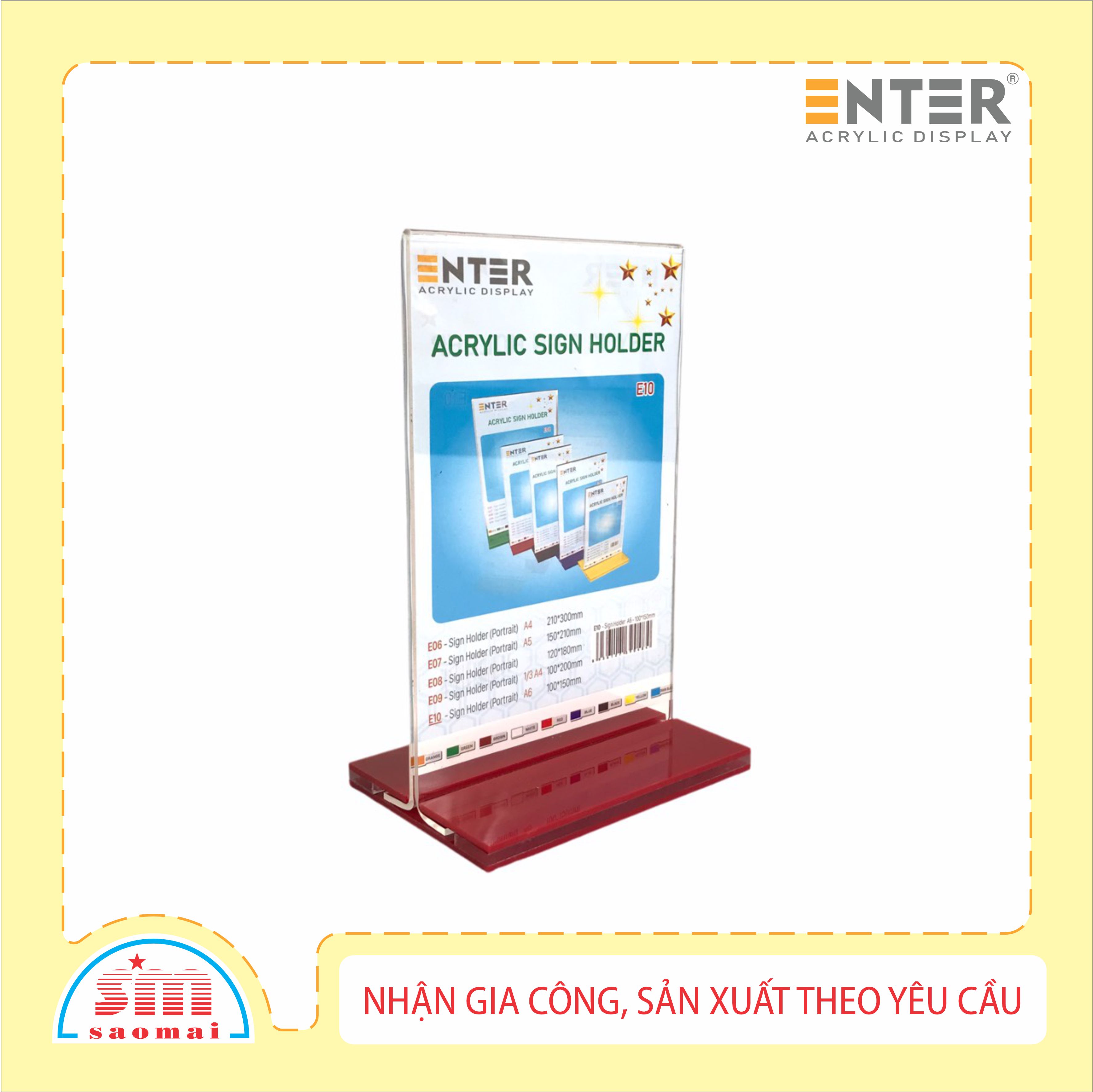 Kệ menu nhà hàng, Standee mica để bàn, Bảng quét mã QR Code, Kệ mica 2 mặt Enter E10 100x150mm đế lùa