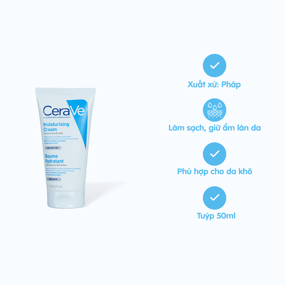 Kem dưỡng ẩm CERAVE Moisturising Cream dành cho da khô (Tuýp 50ml)