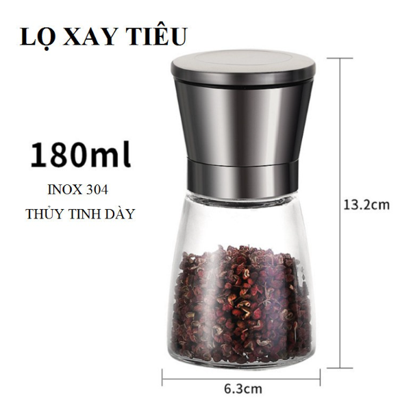 Lọ xay tiêu inox, dụng cụ xay tiêu cầm tay, xay tiêu mini, cối xay tiêu thủy tinh nắp inox cao cấp GD721-Xaytieu-inox