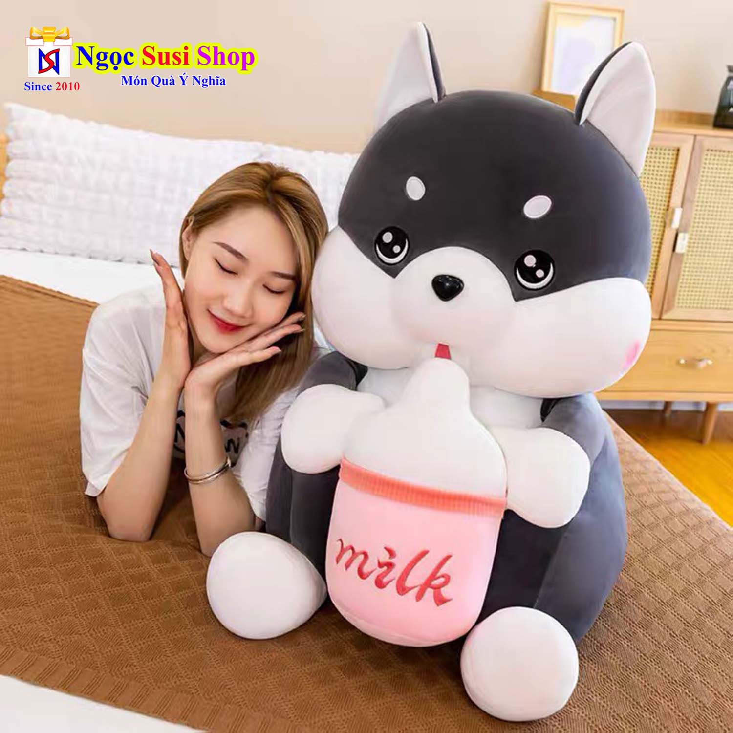 GỐI ÔM CHÓ HUSKY ÔM BÌNH SỮA KHỔNG LỒ SIÊU MỀM MỊN ÔM NGỦ