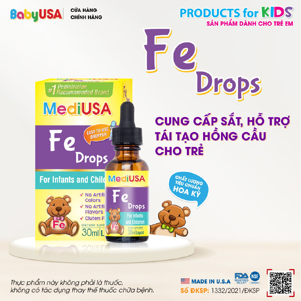 MediUSA Fe Drops - Thực Phẩm Chức Năng cung cấp Sắt, tái tạo hồng cầu cho trẻ, tăng sức đề kháng - Hàng chính hãng