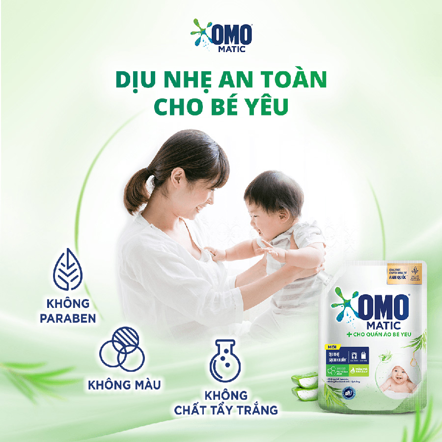 Combo 2 TúI Nước Giặt Omo Matic Cho Quần Áo Bé Yêu Chiết Xuất Tràm Trà Và Nha Đam Dịu Nhẹ, Sạsh Khuẩn , túi 3.6Kg