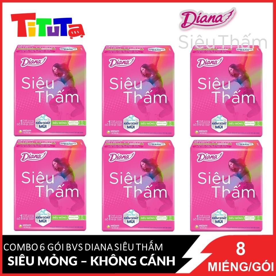 Combo 6 Băng vệ sinh Diana Siêu thấm siêu mỏng không cánh 8 miếng/gói
