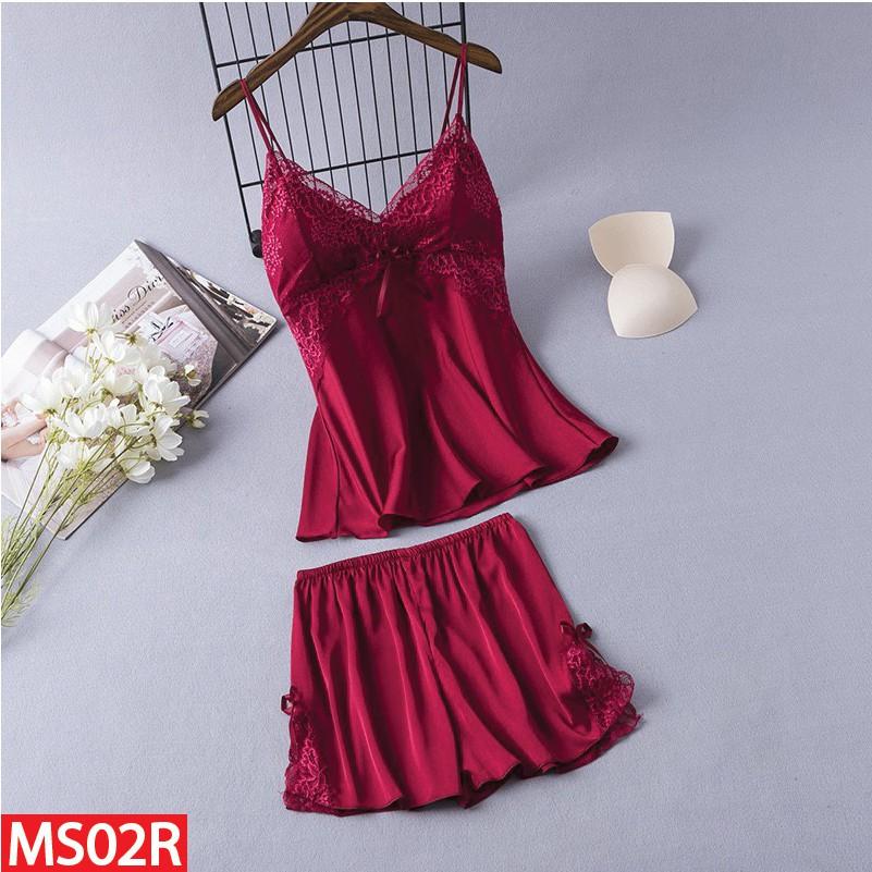 Bộ Đồ Ngủ Hai Dây Hisexy.vn Quần Cộc Lụa Satin Có Mút Ngực Đủ Size Dưới 62Kg MS02