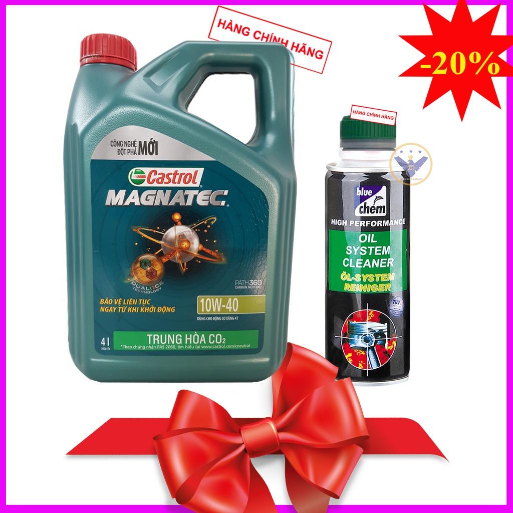 Bộ Dầu nhớt ô tô cao cấp tổng hợp Castrol Magnatec Dualock 10W-40 can 4L + Súc rửa động cơ Bluechem 250Ml