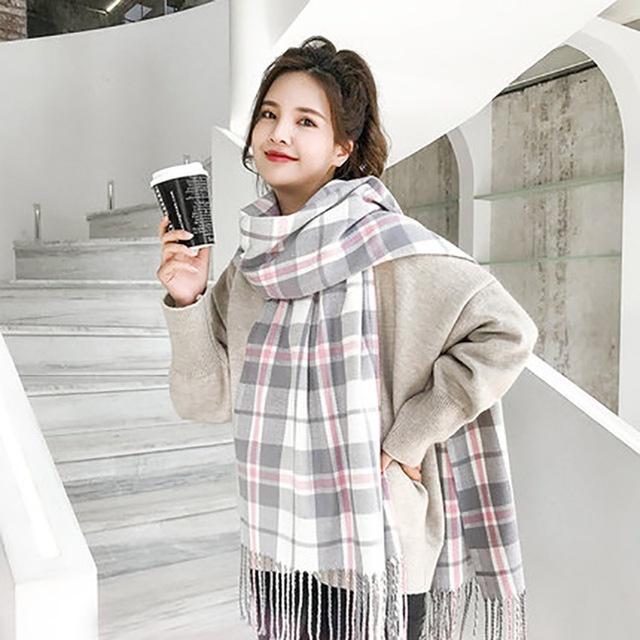 Khăn quàng cổ len dệt kim, tua rua phối màu phong cách Hàn Quốc cho nữ mềm mịn và ấm áp