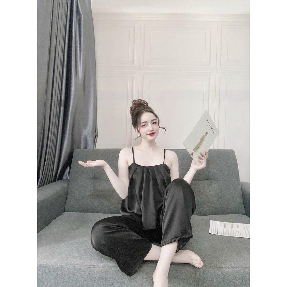 Đồ ngủ lụa satin áo 2 dây quần dài lịch sự, chất lụa đẹp, mát, ít nhăn, kiểu dáng rộng rãi, thoải mái, phom dưới 55kg