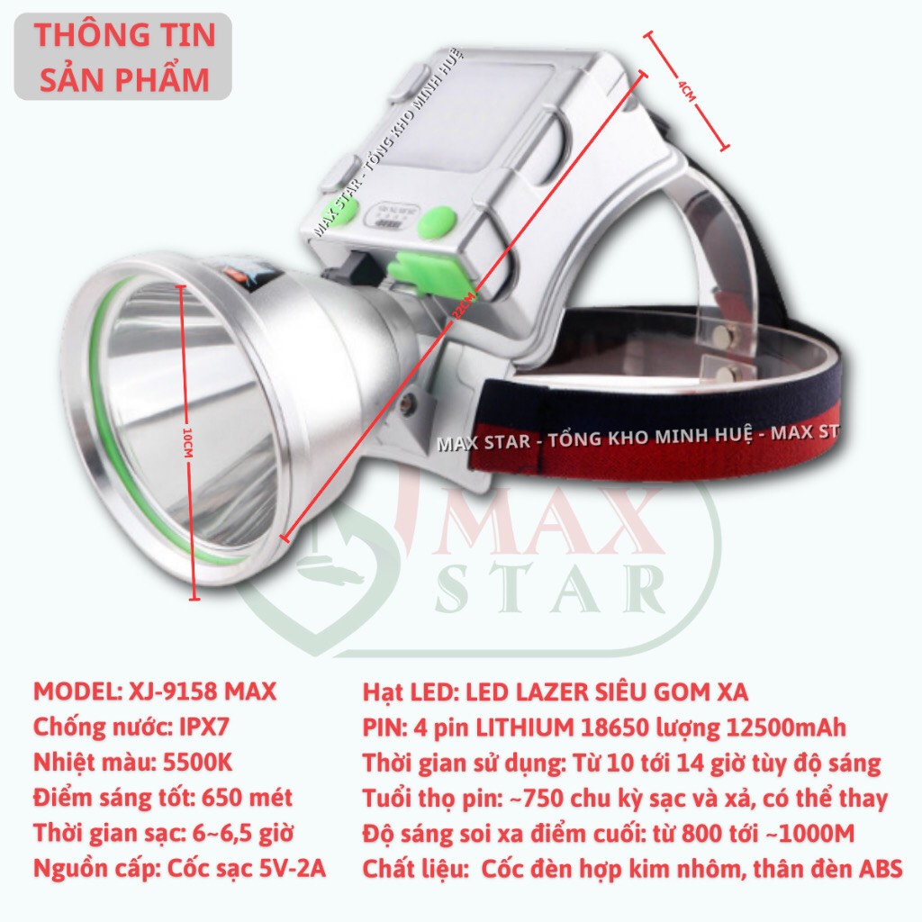 Đèn pin đội đầu siêu sáng XJ 9158 MAX (còn có tên gọi XJ 9516) chiếu xa 1000m tích điện 12 giờ, đèn ánh sáng trắng tặng kèm chóa cam và xanh