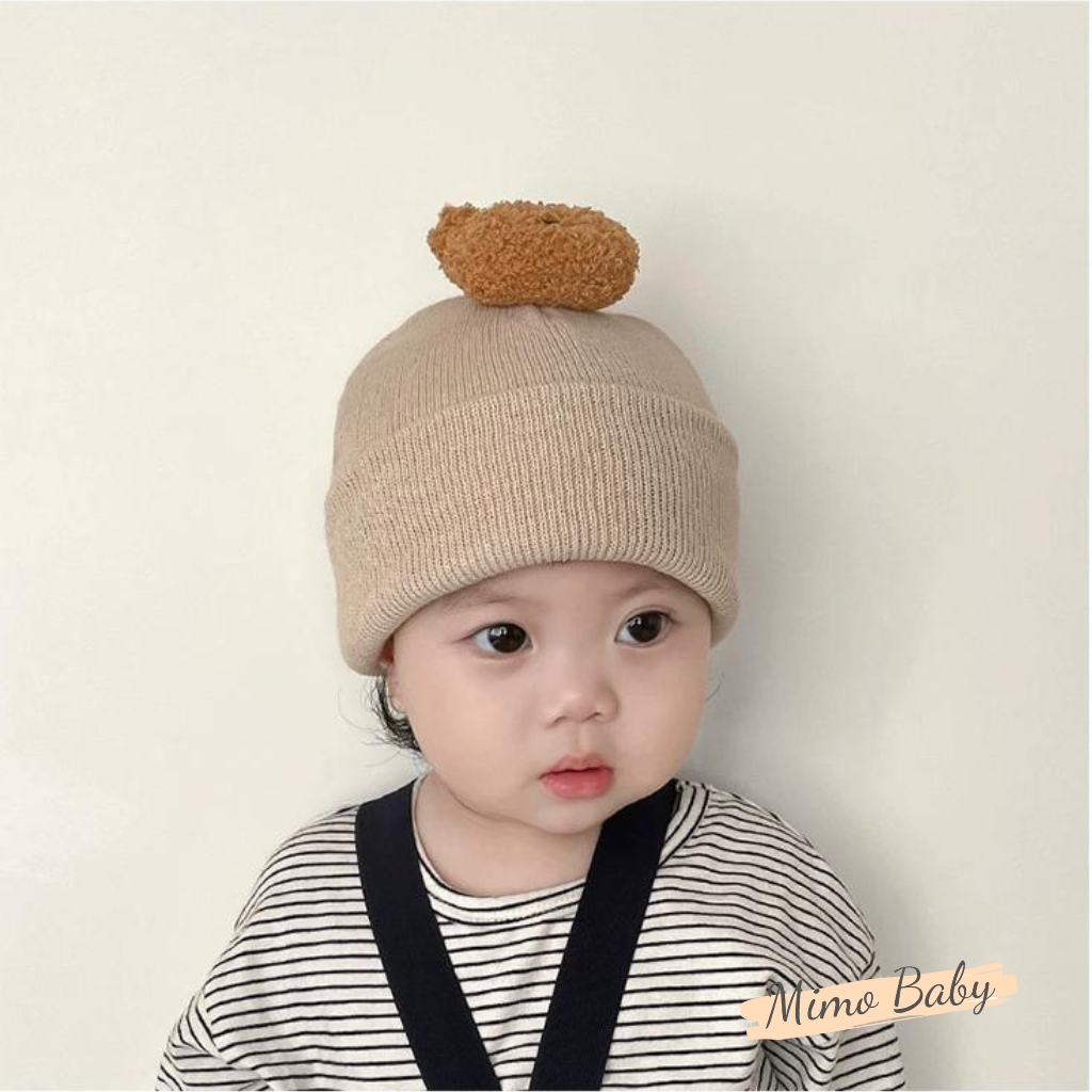 Mũ nón len mùa đông dáng beanie đính gấu bông dễ thương cho bé ML190 Mimo Baby