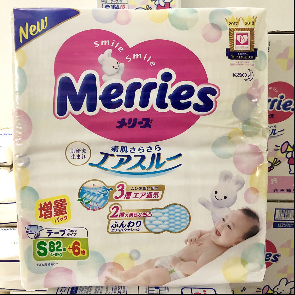 Bỉm - Tã dán Merries size S 88 nội địa thêm miếng