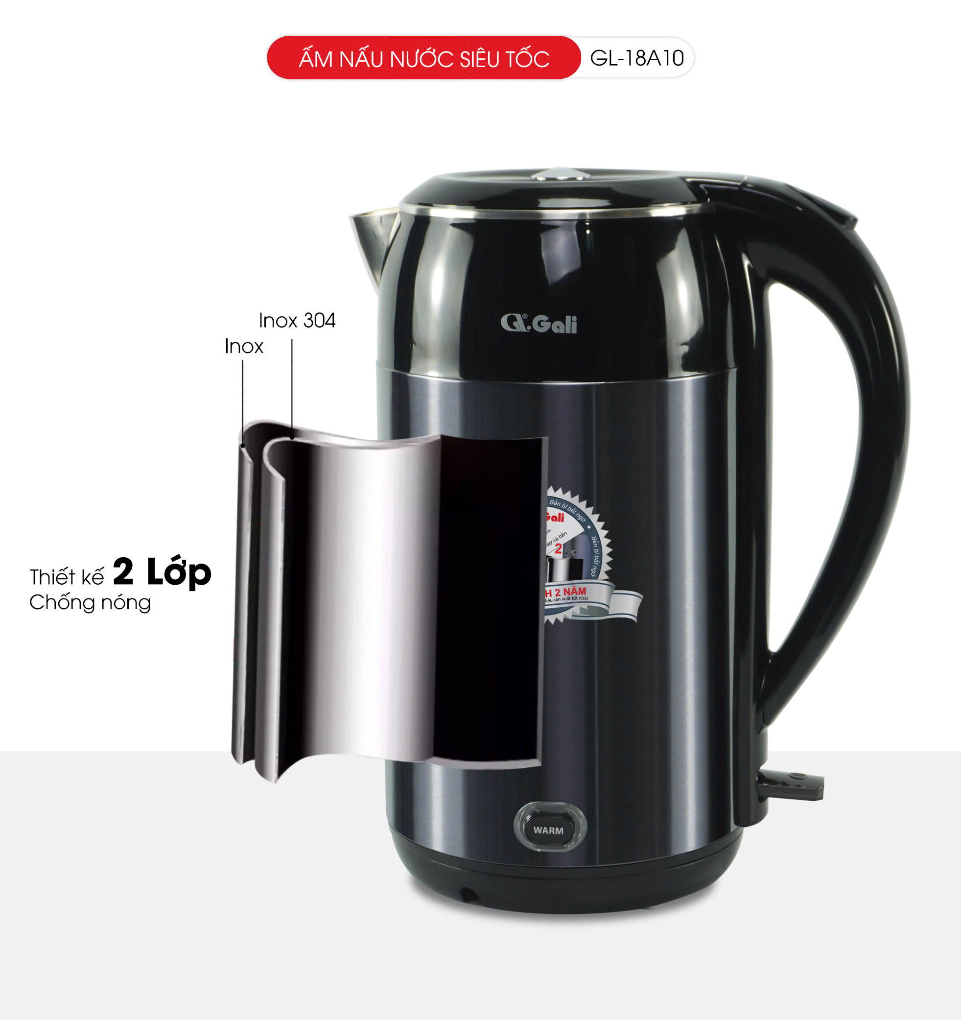 Ấm siêu tốc Gali GL-18A10 dung tích 2.2 Lít. Thiết kế 2 lớp chống nóng, giữ ấm . Hàng chính hãng, bảo hành 24 tháng