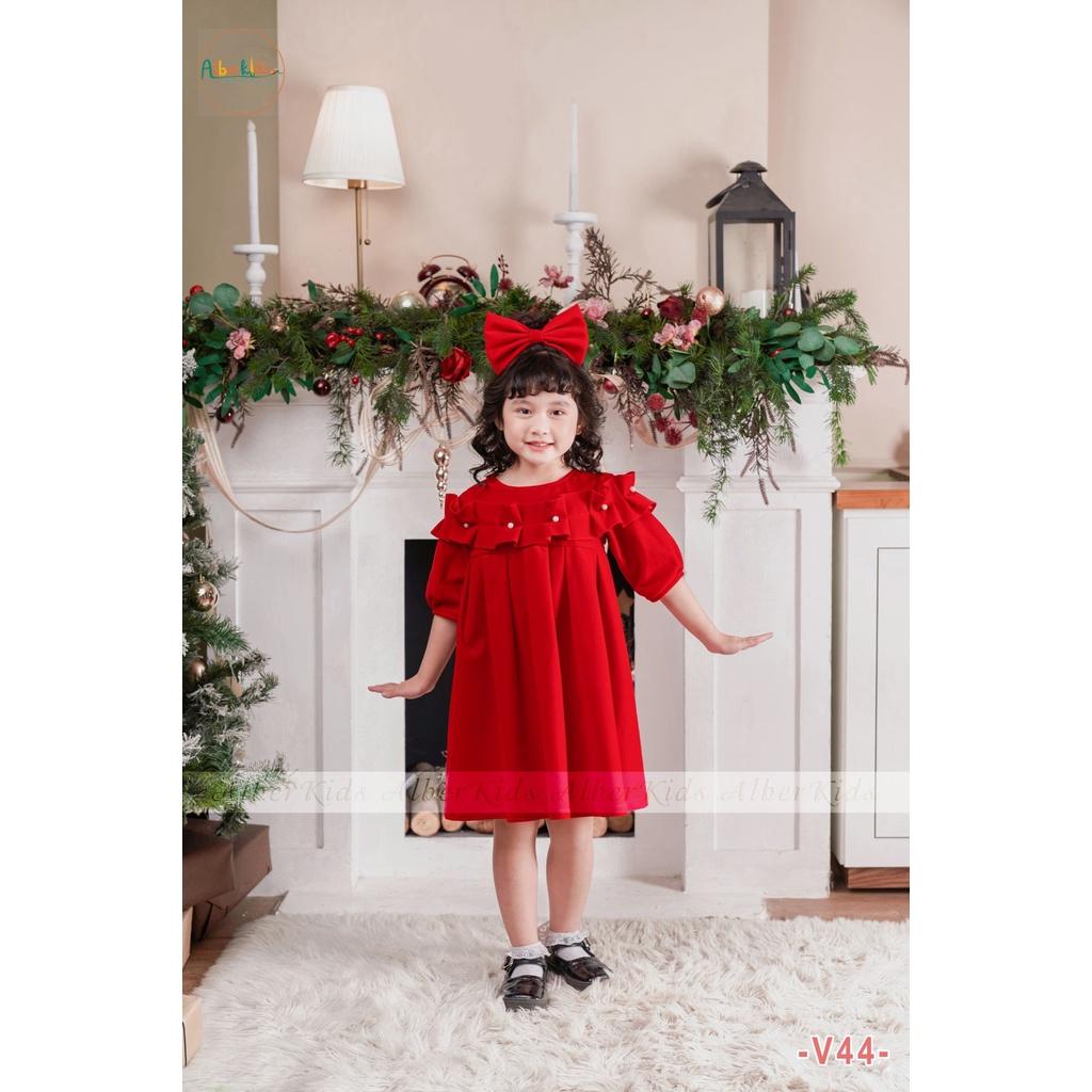 Váy bé gái ALBERKIDS nhung đỏ đính NGỌC dài tay công chúa xinh đẹp cho trẻ em gái từ 2,3,4,5,6,7,8,9,10,11,12 tuổi [V44