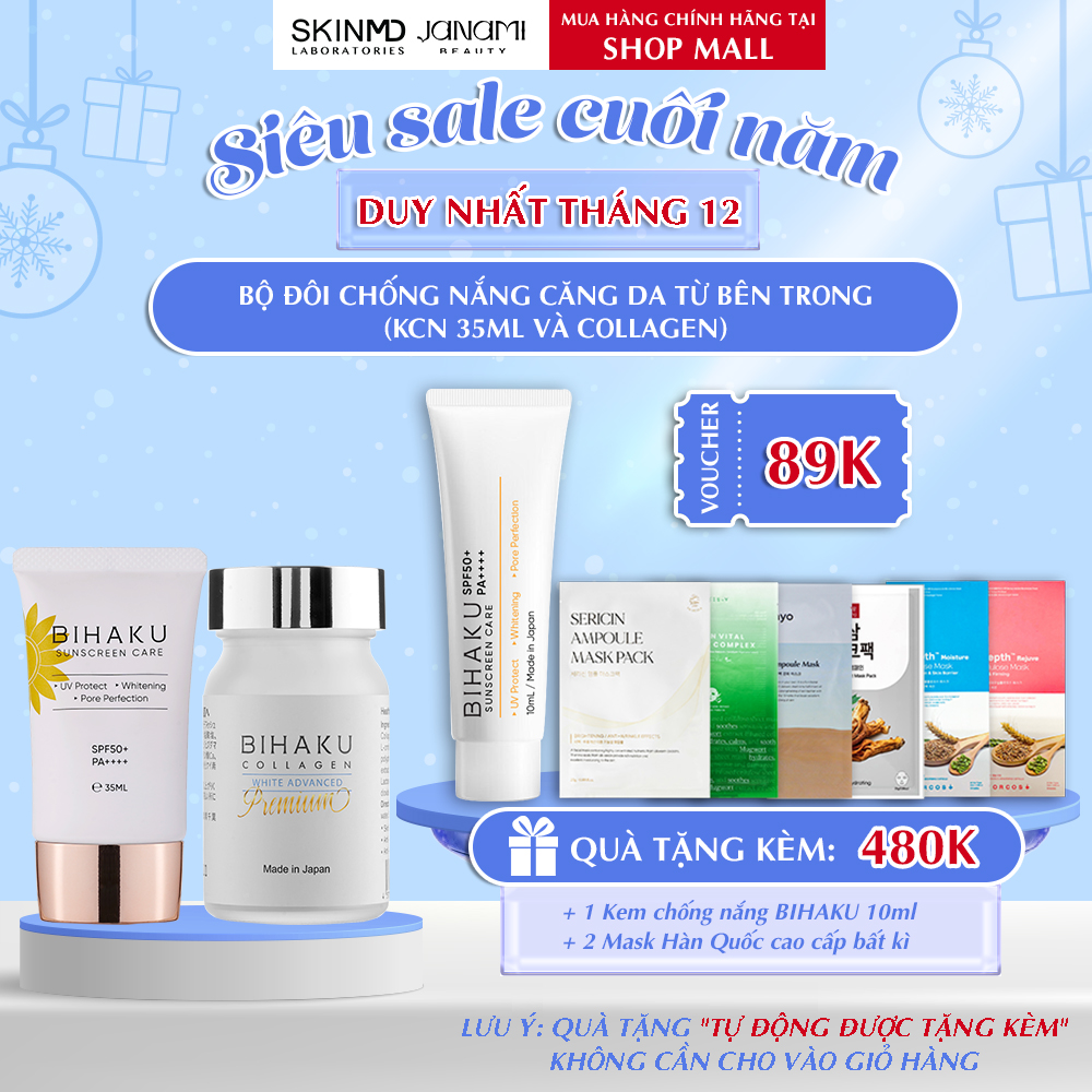 Bộ đôi chống nắng dưỡng trắng da PREMIUM COLLAGEN hộp 30v và BIHAKU SUNSCREEN CARE SPF50+ PA++++ tuýp 35ml giúp hạn chế vấn đề cháy nắng và dưỡng trắng chống lão hóa