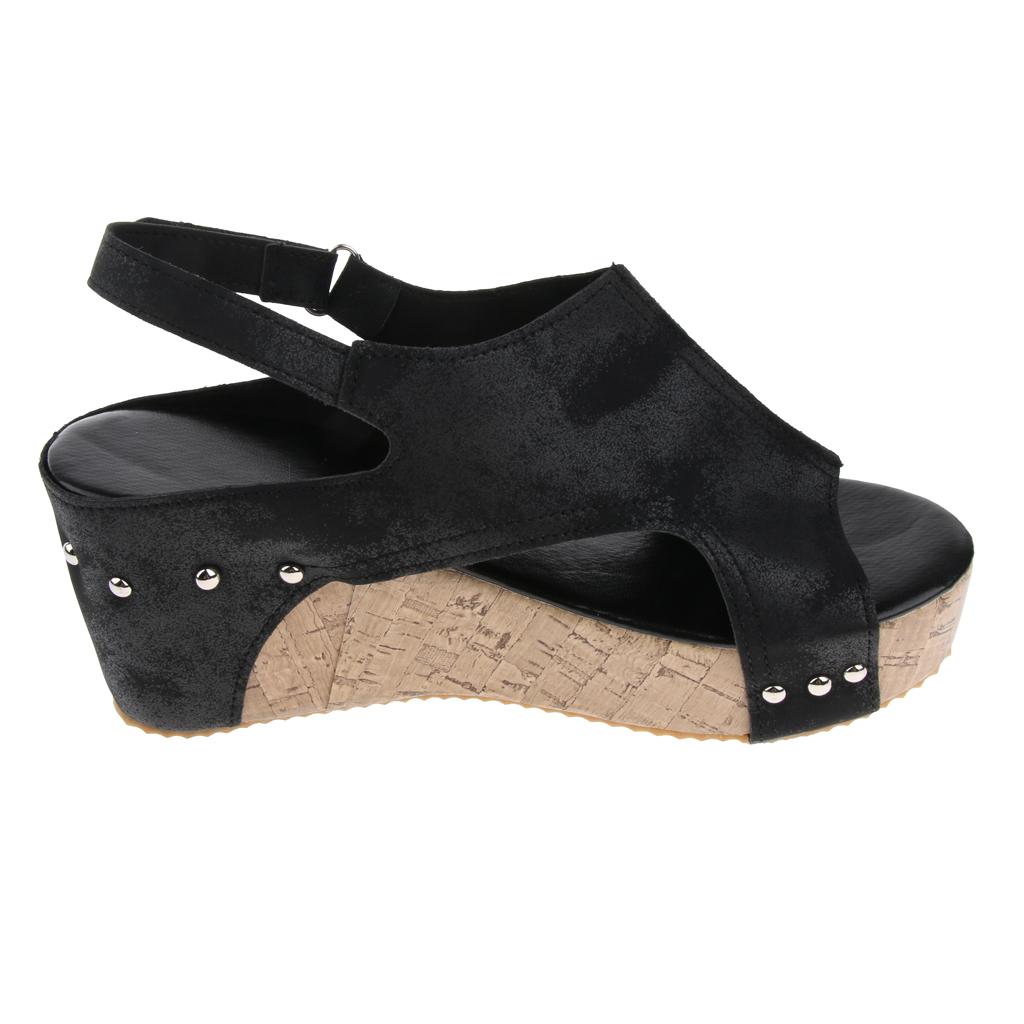 Retro Studded Cork Platform Wedge Sandal Leather Upper Open Toe for Women