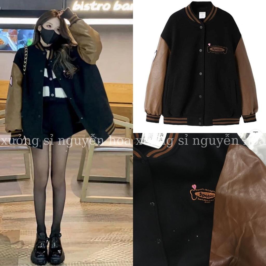 Áo khoác bomber phối tay da nâu trái tim form dáng rộng unisex nam nữ mặc được bao ngầu bao chất