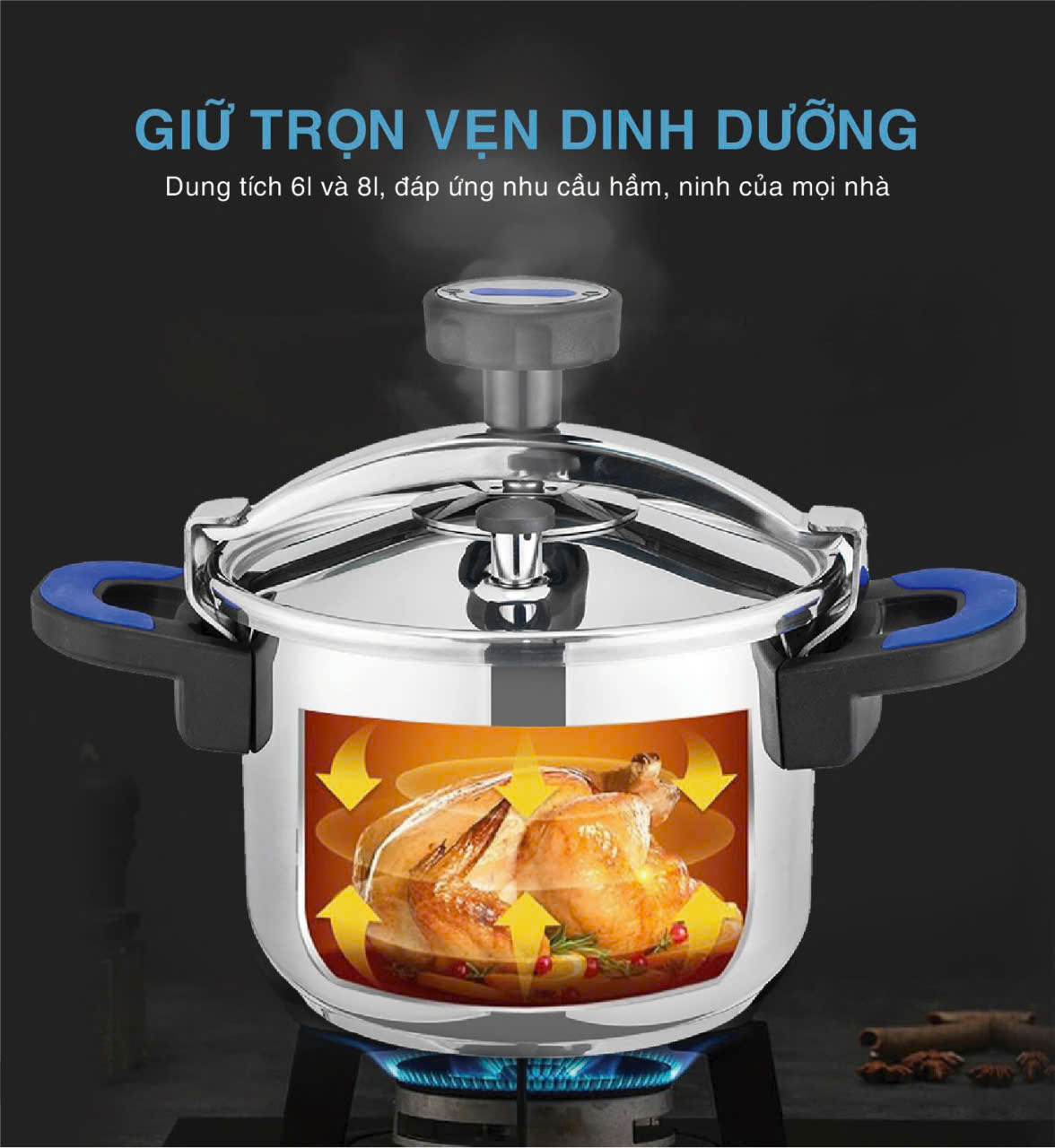 Nồi áp suất inox 304, chống nổ, dùng cho bếp từ bếp ga bếp hồng ngoại dung tích 6 lít và 8 lít hàng chính hãng