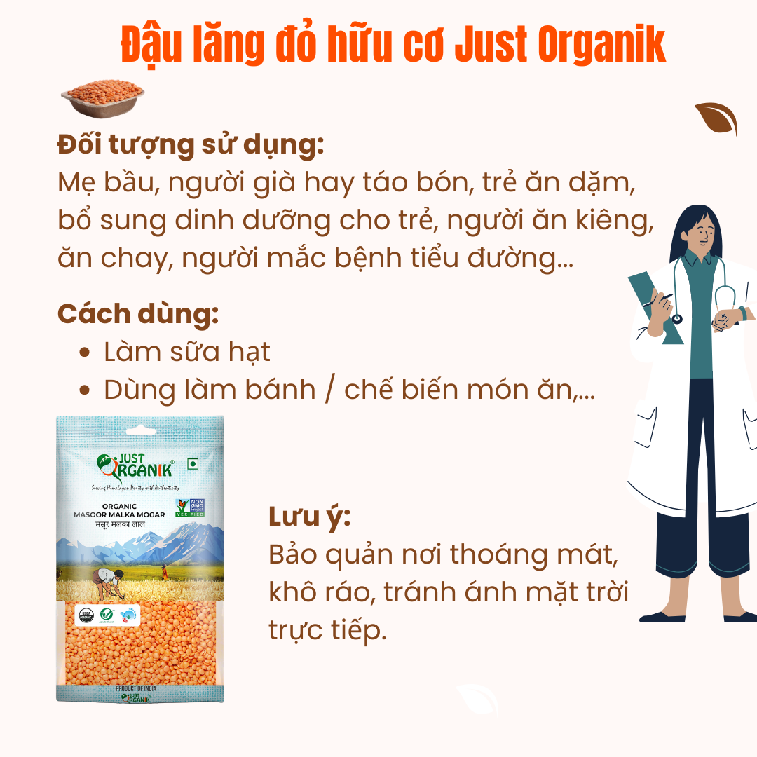 Đậu Lăng Đỏ Tách Vỏ Hữu Cơ Bé Ăn Dặm Just Organik Nhập Khẩu Ấn Độ Không Biến Đổi Gen 500g