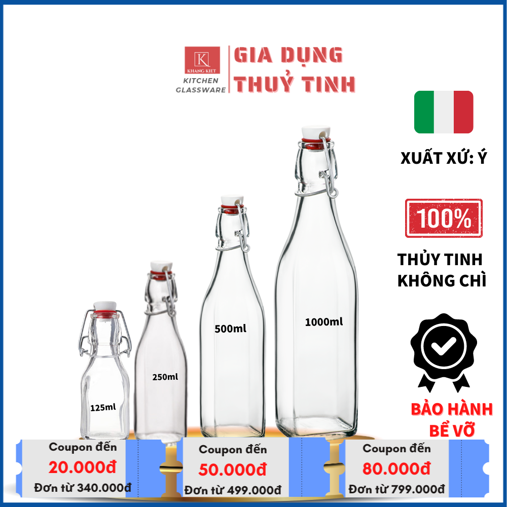 Chai Thủy Tinh Vuông Swing Bormioli Rocco đựng mật ong, nước uống, nước ép được làm từ thủy tinh cao cấp không chì