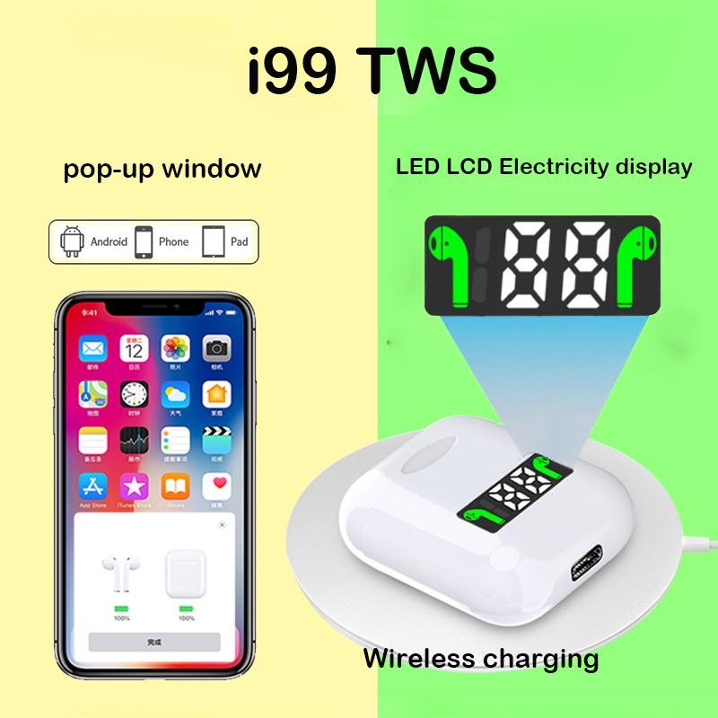 Tai nghe bluetooth True Wireless v5.0 TWS i99 - hộp sạc có màn hình Led hỗ trợ sạc không dây - Hàng nhập khẩu