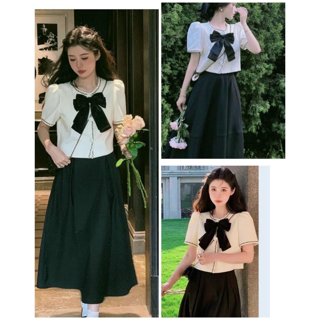 TCO set áo croptop chạy viền ren phối nơ ngực kèm chân váy đen xòe tiểu thư