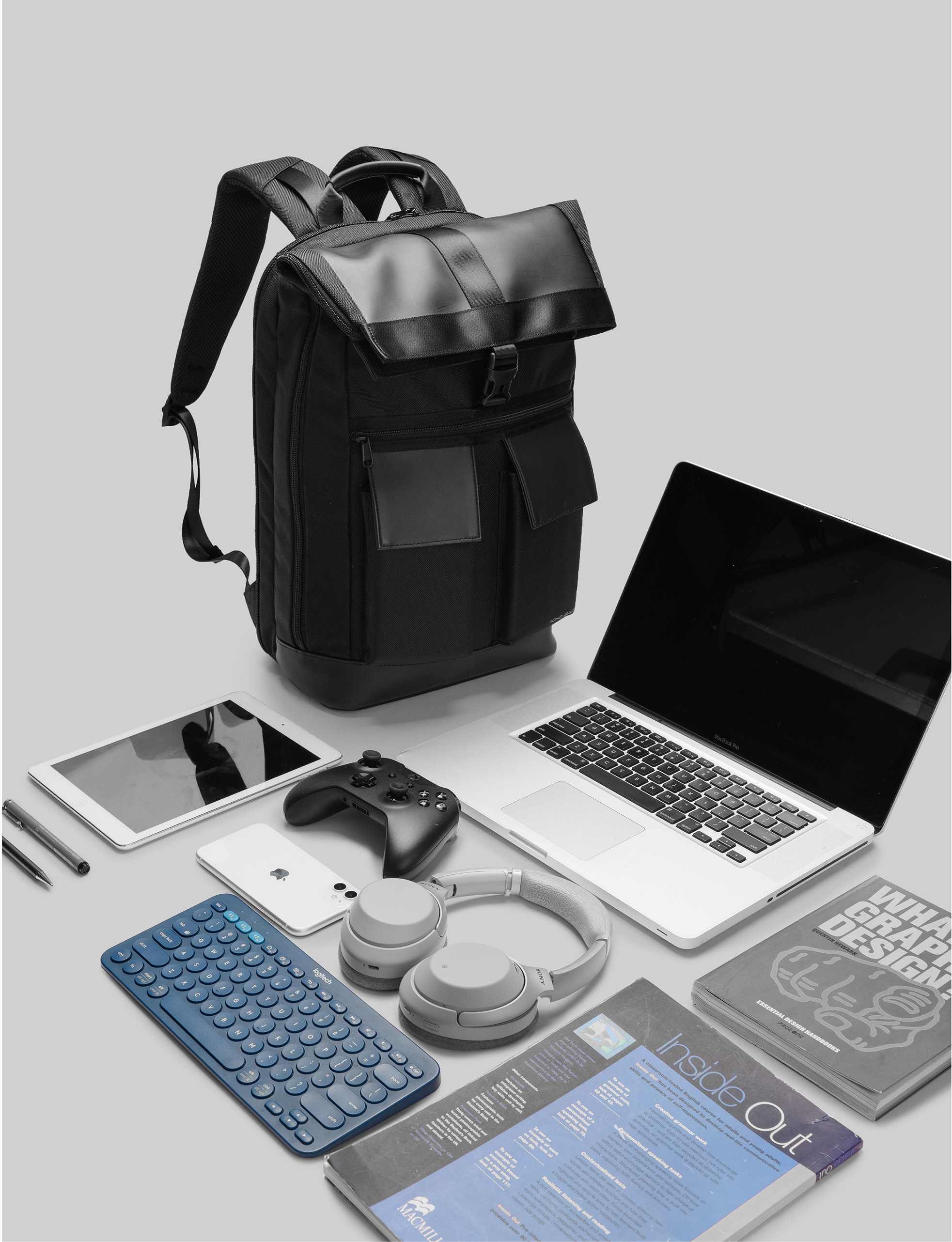 Balo laptop 17” KINGBAG HORIZON sành điệu, Gaming, Office, Travel, thiết kế độc đáo, vải trượt nước, đai buộc vali, màu đen - Hàng chính hãng