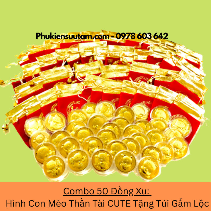 Combo 50 Đồng Xu Hình Con Mèo Thần Tài CUTE Tặng Túi Gấm Lộc, đường kính: 4cm, màu vàng - SP005933