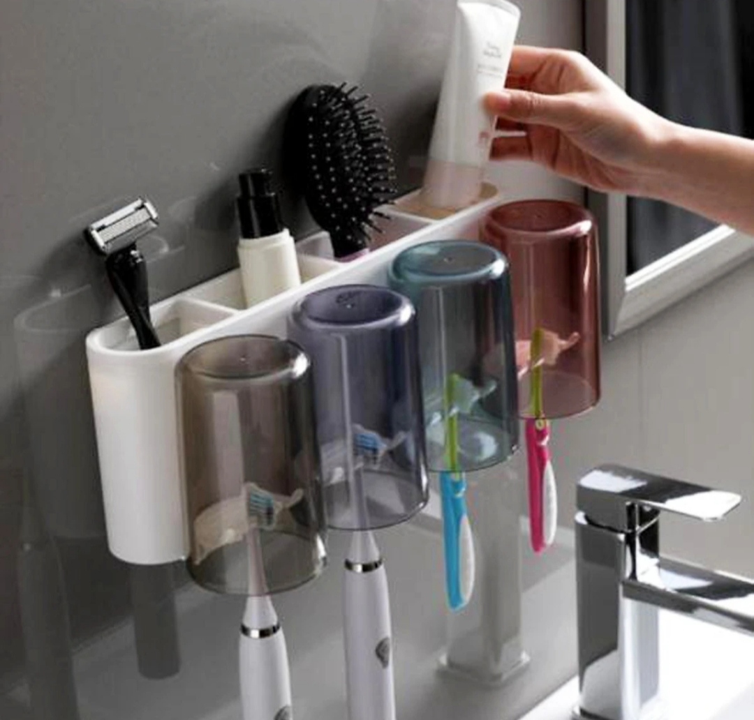 Bộ dụng cụ nhả kem đánh răng tự động 4 cốc 1 nhả kem và giá treo bàn chải đa năng PHT SUS-ECOCO-E1922-chất liệu ABS cao cấp